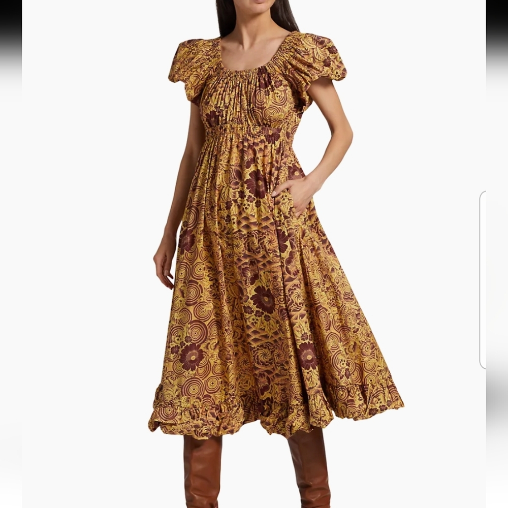 Ulla Johnson Printed Cotton Midi Dress Boho Prairie Romantic Artisan Smocked - Picture 2 of 14